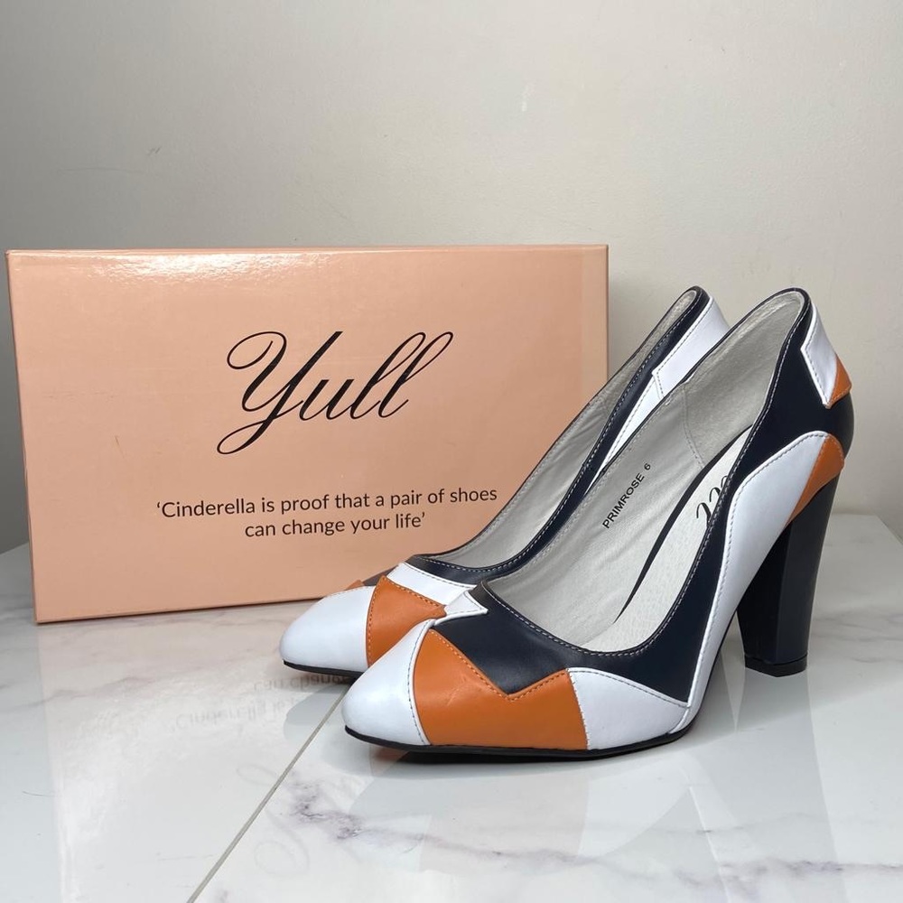 YULL Orange Black & White Colorblock "Primose" Block Heel Pumps UK 6 US 7.5